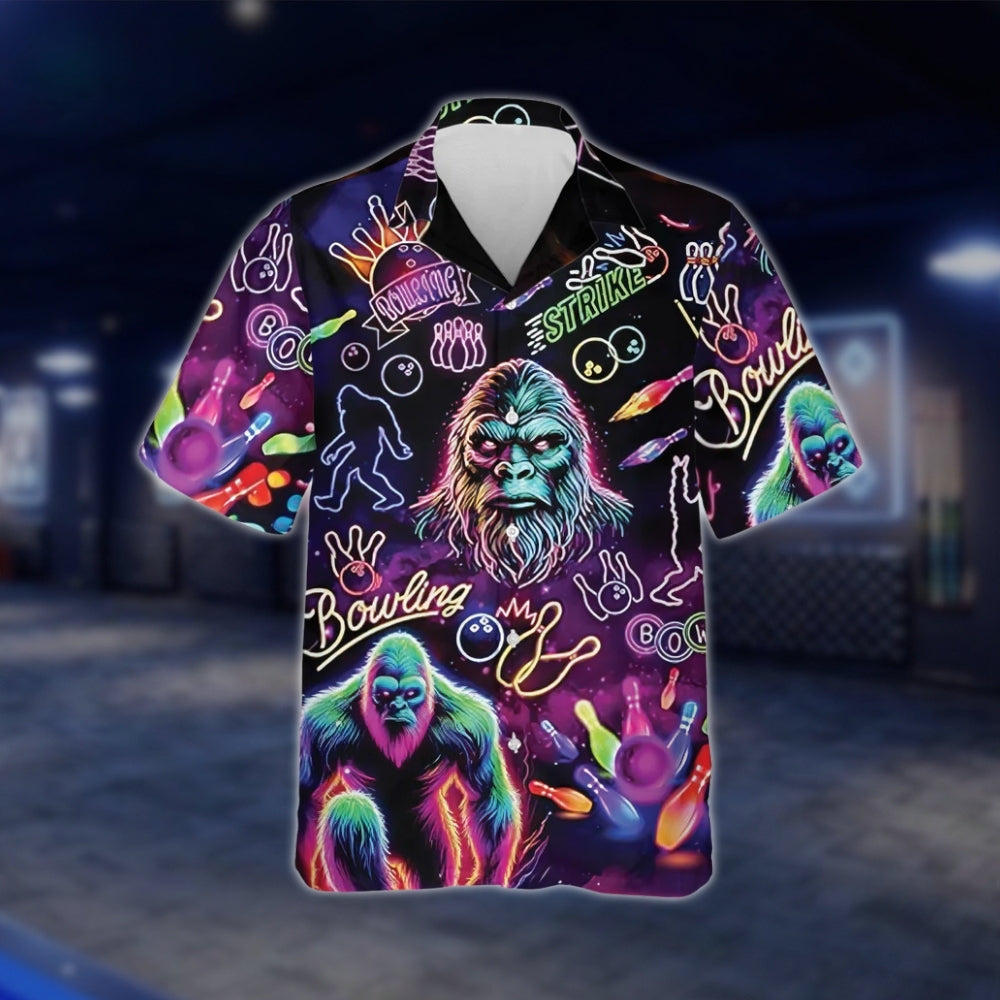 Neon Bigfoot Men's Bowling Hawaiian Shirt, Sasquatch Bigfoot Bowling Shirts BZ0204