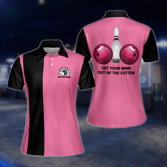 Custom Womens Pink And White Bowling Polo Shirt, Custom Name Bowling Shirts For Ladies BE0018
