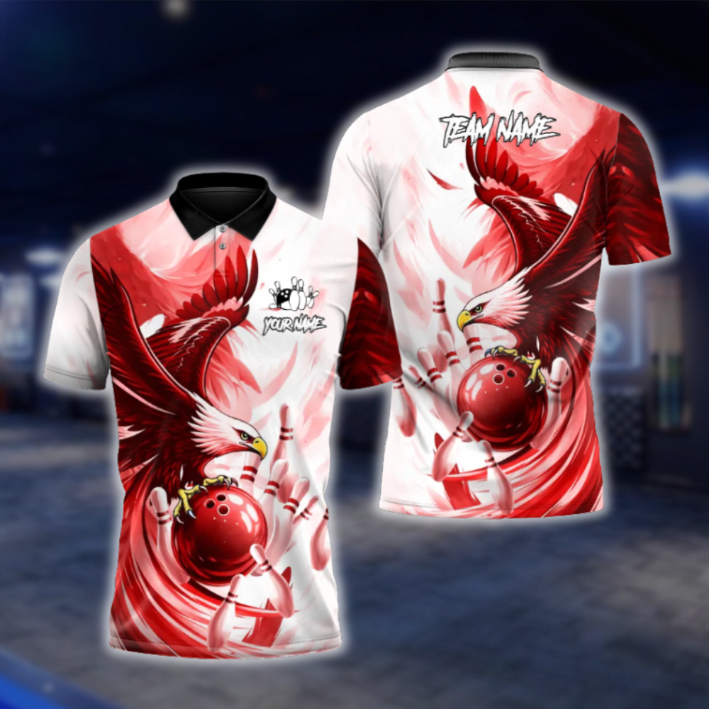 Personalized Eagle Red Bowling Mens Polo Shirt, Custom Eagle Team Bowling Shirt BZ0936