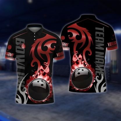 Personalized Flame Black Gold Bowling Polo Shirt, Custom Flame Bowling Shirt For Team BZ0905