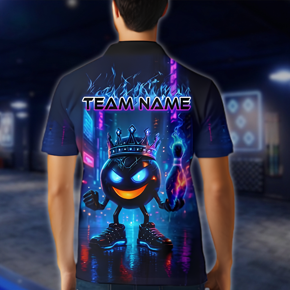 Personalized King Ball Flame Bowling Polo Shirt For Men, Custom Flame Bowling Team Shirt Neon BZ0881