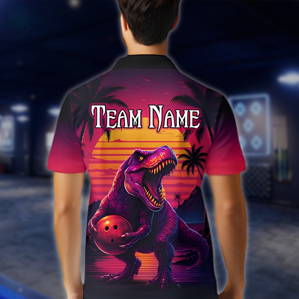 Personalized Sunset Dinosaur Bowling Polo Shirt Mens, Custom Team Dinosaur Bowling Shirt BZ0879