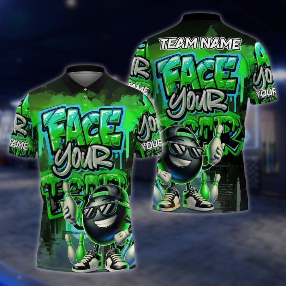 Face Your Fear Personalized Fun Ball Bowling Polo Shirt Men, Custom Funny Team Bowling Shirt Graffiti BZ0859