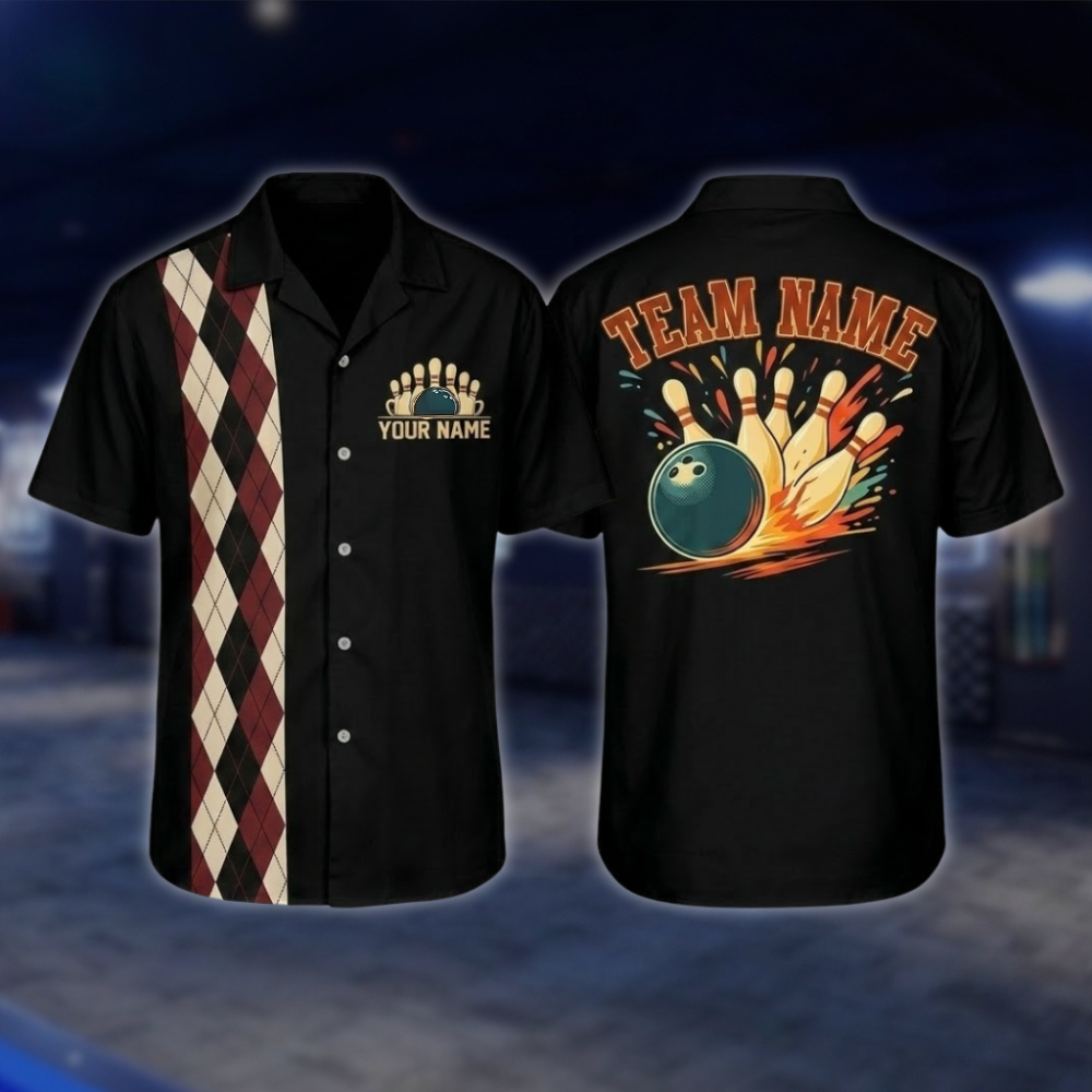 Personalized Argyle Navy Retro Bowling Hawaiian Shirt For Men, Custom Retro Bowling Shirt For Team BZ0797