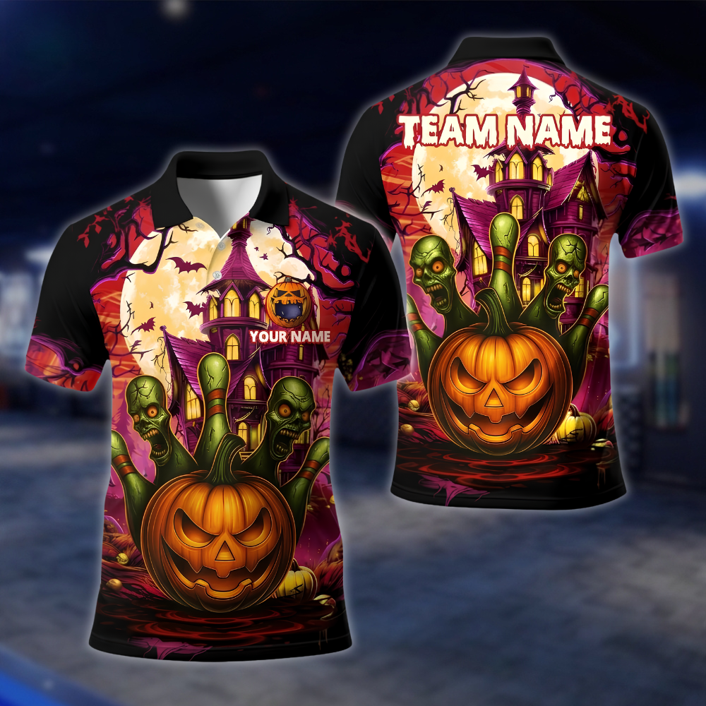 Personalized Skull Pumpkin Bowling Polo Shirt Mens, Custom Halloween Bowling Shirt For Team BE0249