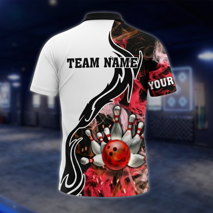 Personalized Flame Smoke Ball Bowling Mens Polo Shirt Red White, Custom Flame Bowling Team Shirt BZ0814
