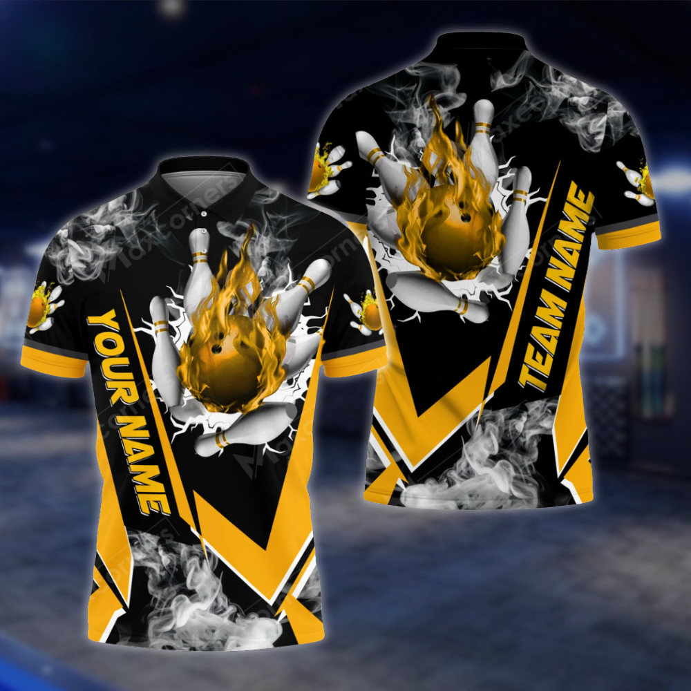 Personalized Mens Flaming Ball Bowling Polo Shirt, Custom Flame Bowling Shirt For Team BZ0811