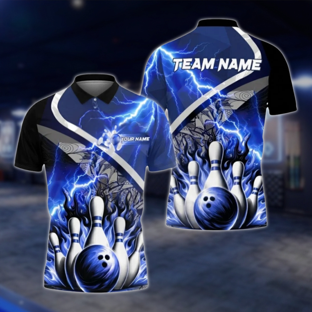 Personalized Blue Flame Thunder Bowling Polo Shirt Men, Custom Flame Bowling Shirt Team BZ0804