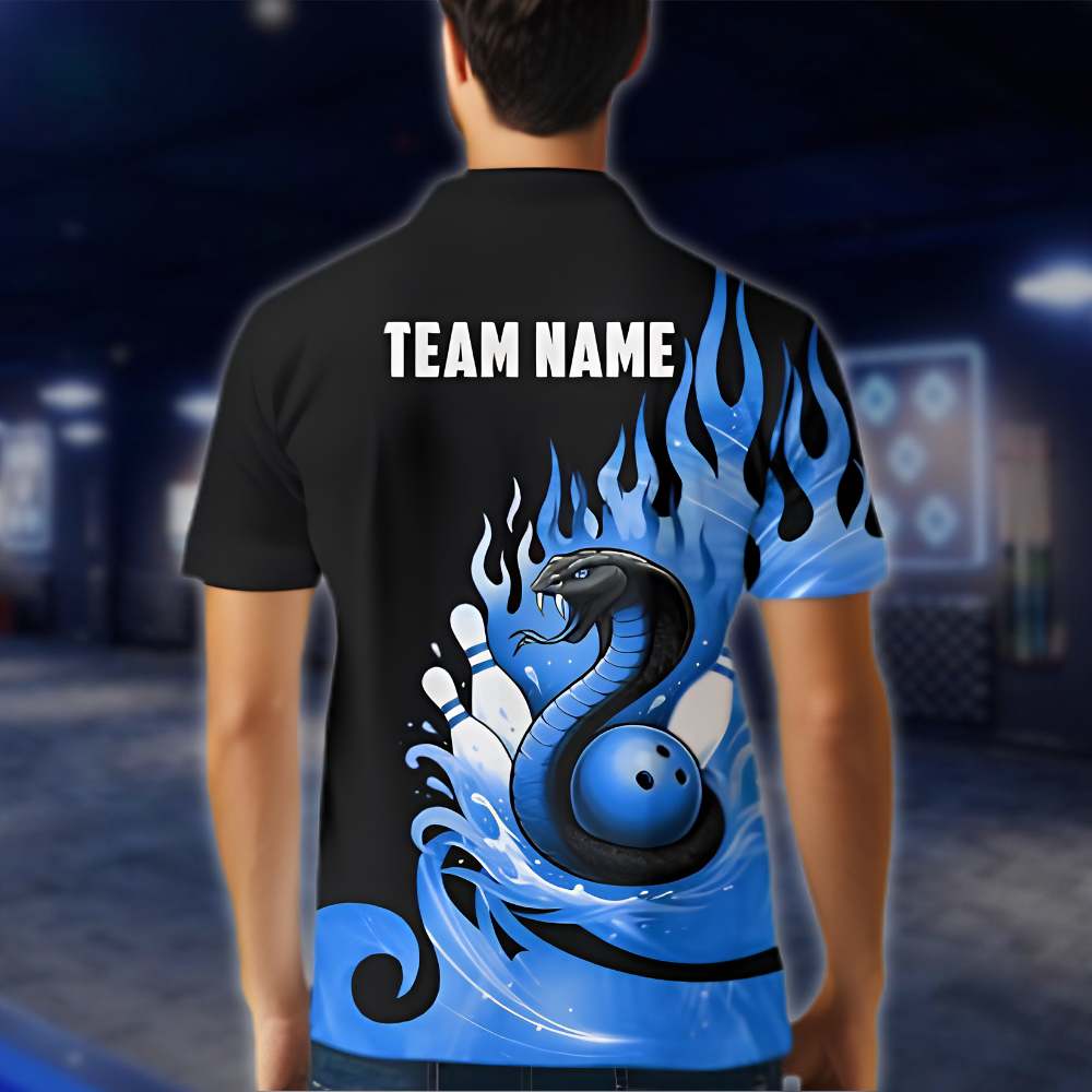 Persoanlized Snake Flaming Blue Bowling Men Polo Shirt, Custom Snake Bowling Shirt Team BZ0898