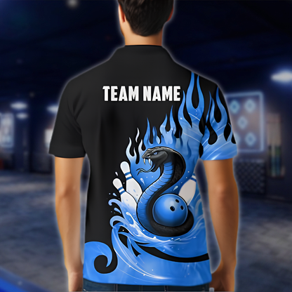 Persoanlized Snake Flaming Blue Bowling Men Polo Shirt, Custom Snake Bowling Shirt Team BZ0898