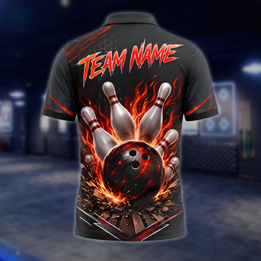 Personalized Flaming Red Black Bowling Polo Shirt For Men, Custom Flame Bowling Team Shirt BZ0916