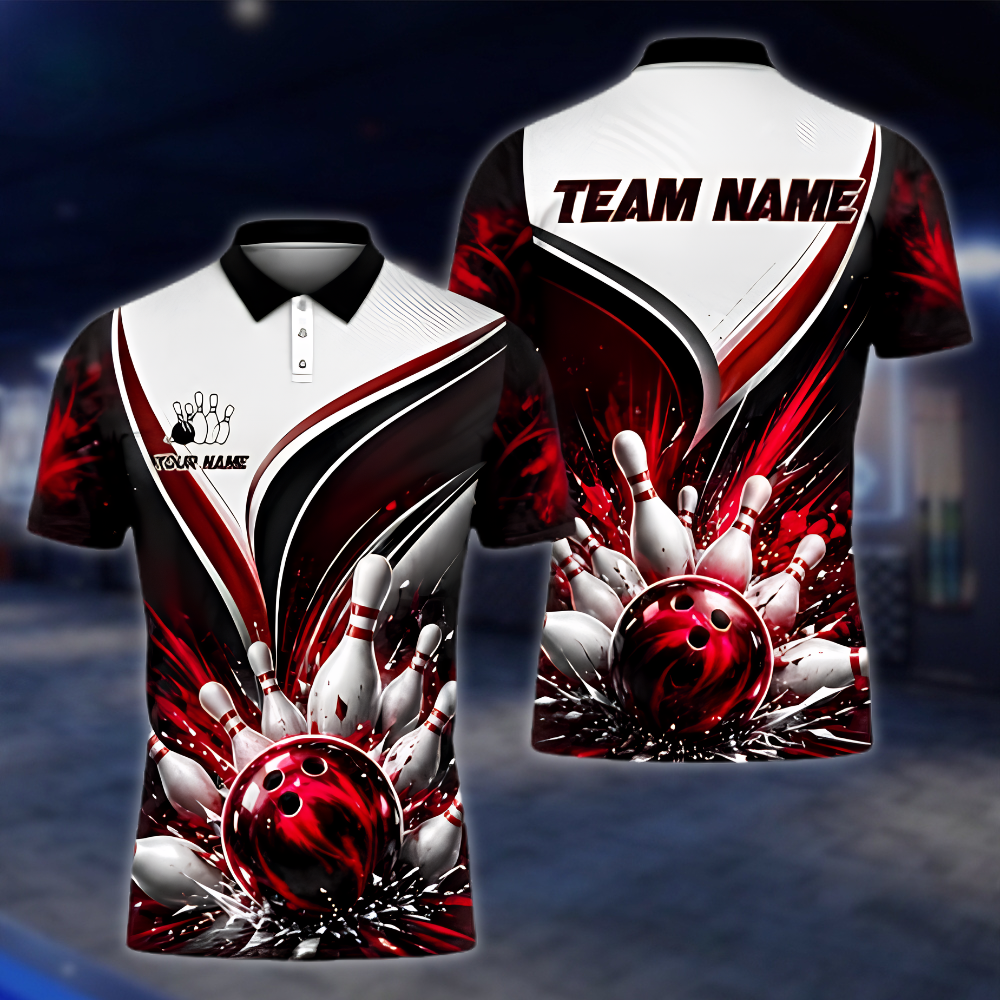 Personalized Team Bowling Mens Polo Shirt White Blue Black, Custom Bowling Team Shirts BZ0969