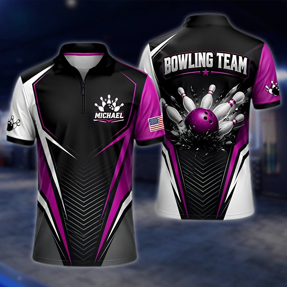 Personalized Black Red Bowling Team Jersey, Custom Mens Bowling Shirt BZ0872