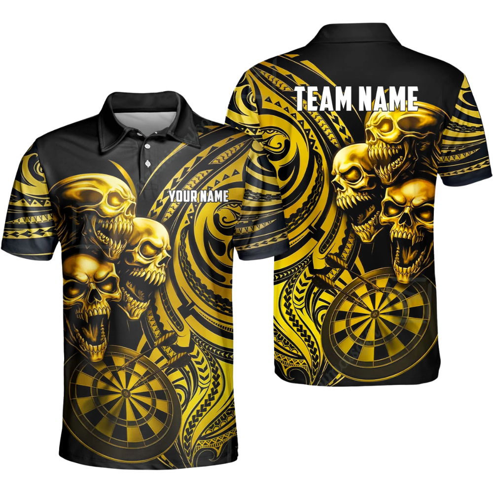 Skeleton Black and Cyan Mens Personalized Darts Button Polo
