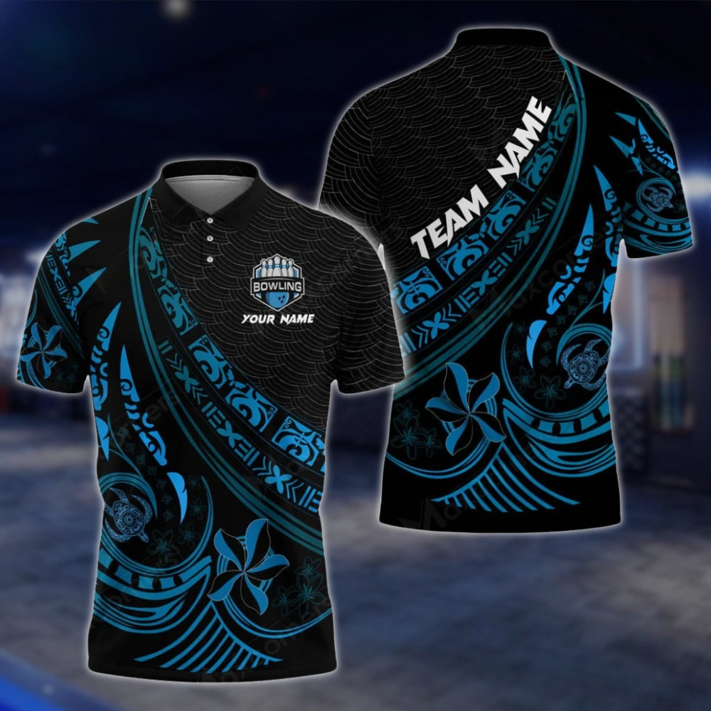 Tribal Black And Cyan Custom Bowling Polo Shirt For Mens, Custom Tribal Bowling Team Shirts BO0201