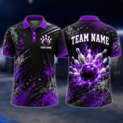 Personalized Thunder Bowling Mens Polo Shirts Black And Blue, Custom Thunder Bowling Team Shirts BE0241