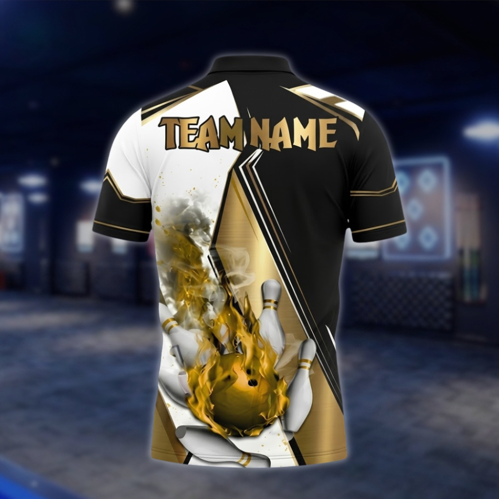 Personalized Flaming Ball Bowling Mens Polo Shirt, Black And Gold Custom Flame Bowling Team Shirt BZ0809