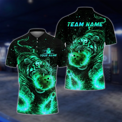 Personalized Tiger Flaming Ball Bowling Polo Shirt For Men, Custom Tiger Bowling Shirt Team BZ0805