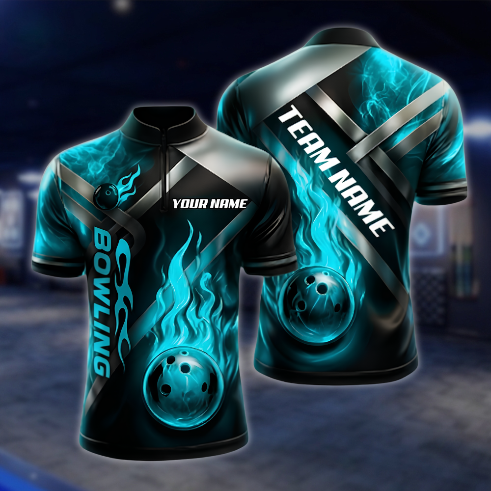 Personalized Flame Ball Green Black Bowling Jersey Men, Custom Flame Bowling Shirt Team BZ0964