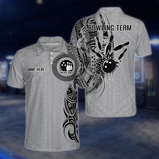 Custom Tribal Grey Black Bowling Mens Polo Shirt, Custom Tribal Bowling Team Shirts BZ0205