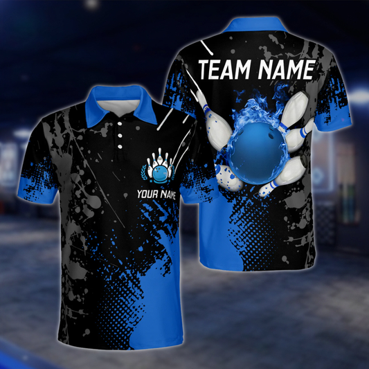 Custom Flaming Ball Bowling Polo Mens Shirt Blue, Custom Flame Bowling Team Shirts BZ0086