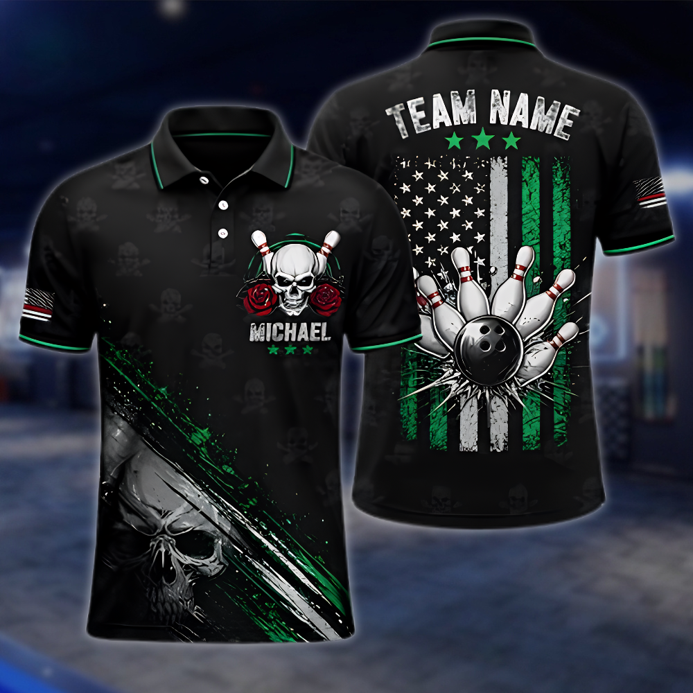 Personalized Skull USA Flag Mens Bowling Polo Shirt Black Red, Custom Skull Bowling Shirt Team BZ0953