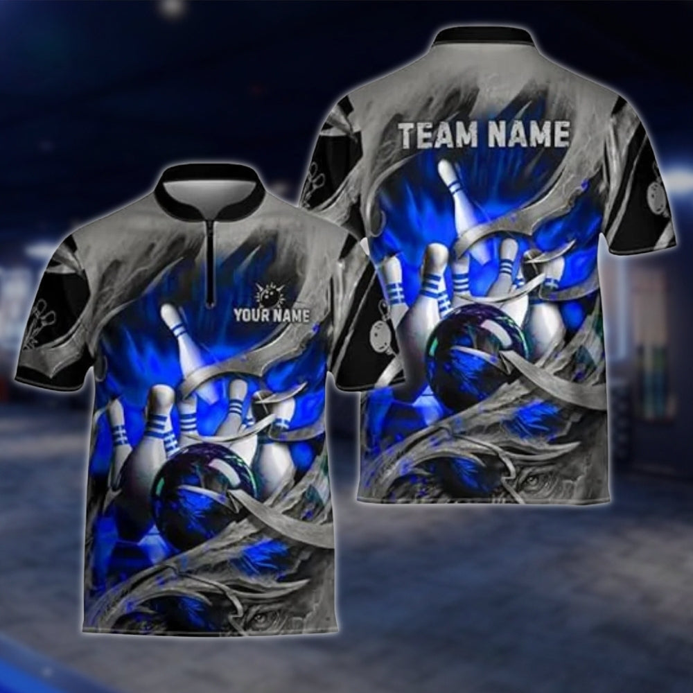 Custom Blue Grey Grunge Bowling Team Jersey For Mens, Custom Bowling Shirts For Team BZ0003