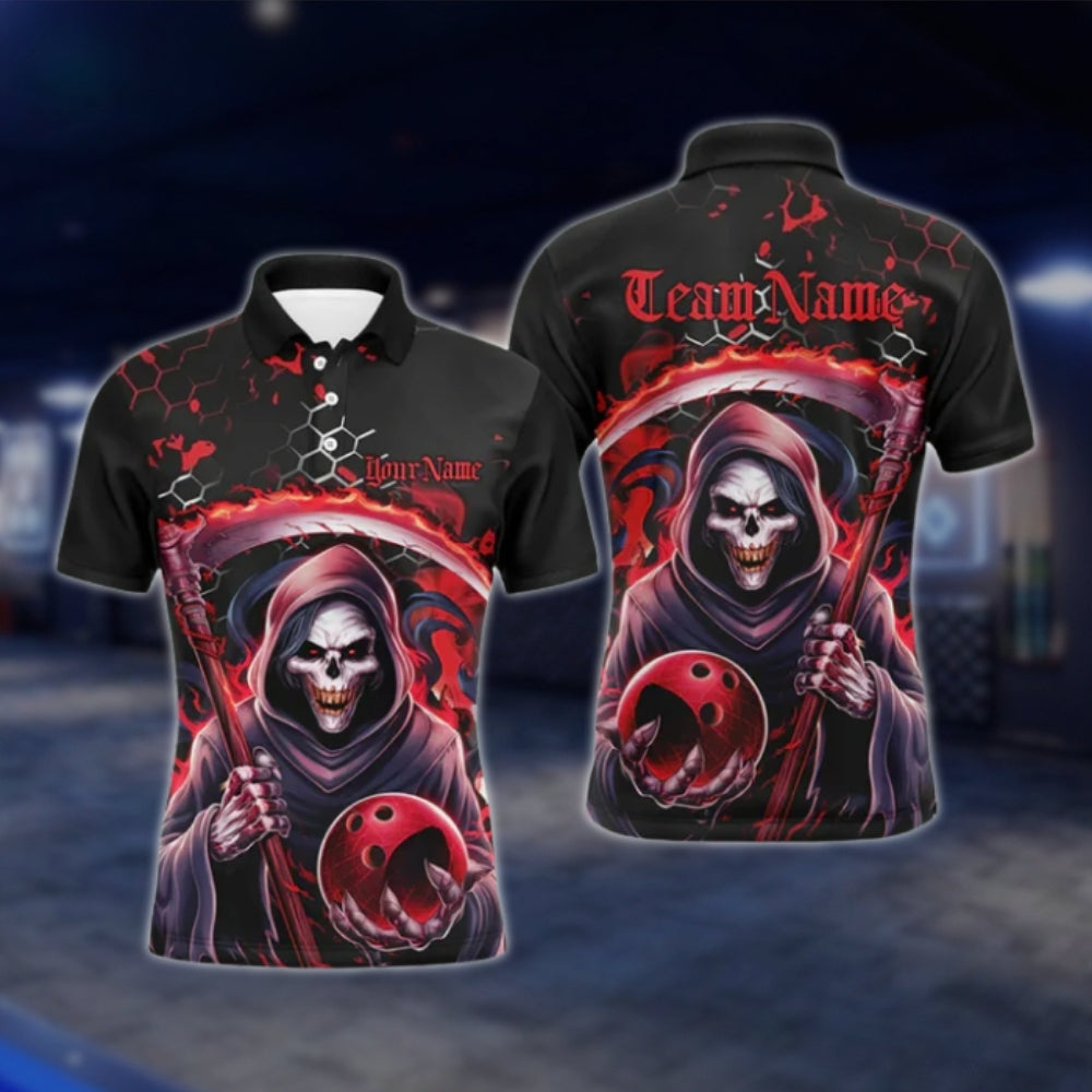 Skeleton Custom Mens Black Red Bowling Polo Shirt, Custom Skull Bowling Team Shirts BO0425