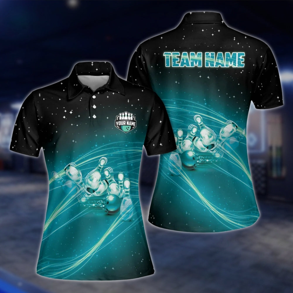 Custom Womens Team Blue Lightning Bowling Polo Shirt, Custom Bowling Team Shirts BW0157