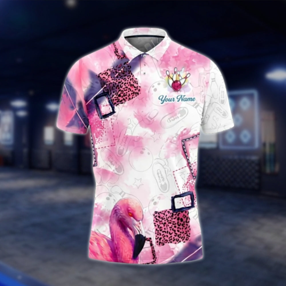 Flamingo Pink Leopard Custom Mens Bowling Polo Shirt, Custom Flamingo Bowling Team Shirts BO0352