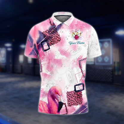 Flamingo Pink Leopard Custom Mens Bowling Polo Shirt, Custom Flamingo Bowling Team Shirts BO0352