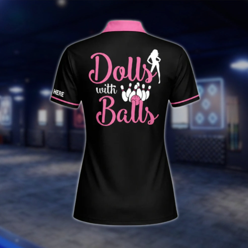 Dolls With Balls Custom Womens Black Pink Bowling Polo Shirt, Custom Funny Bowling Shirts For Ladies BW0085