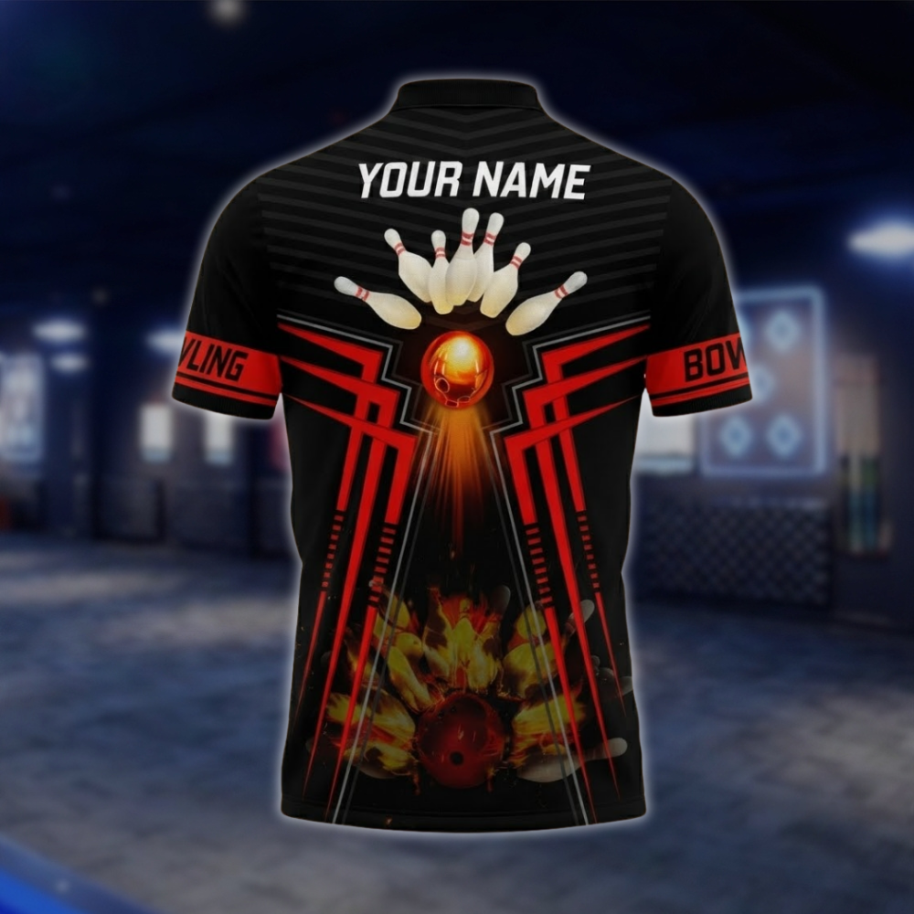 Personalized Flame Bowling Polo Shirt Men Black And Red, Custom Flame Bowling Shirt With Name BZ0748