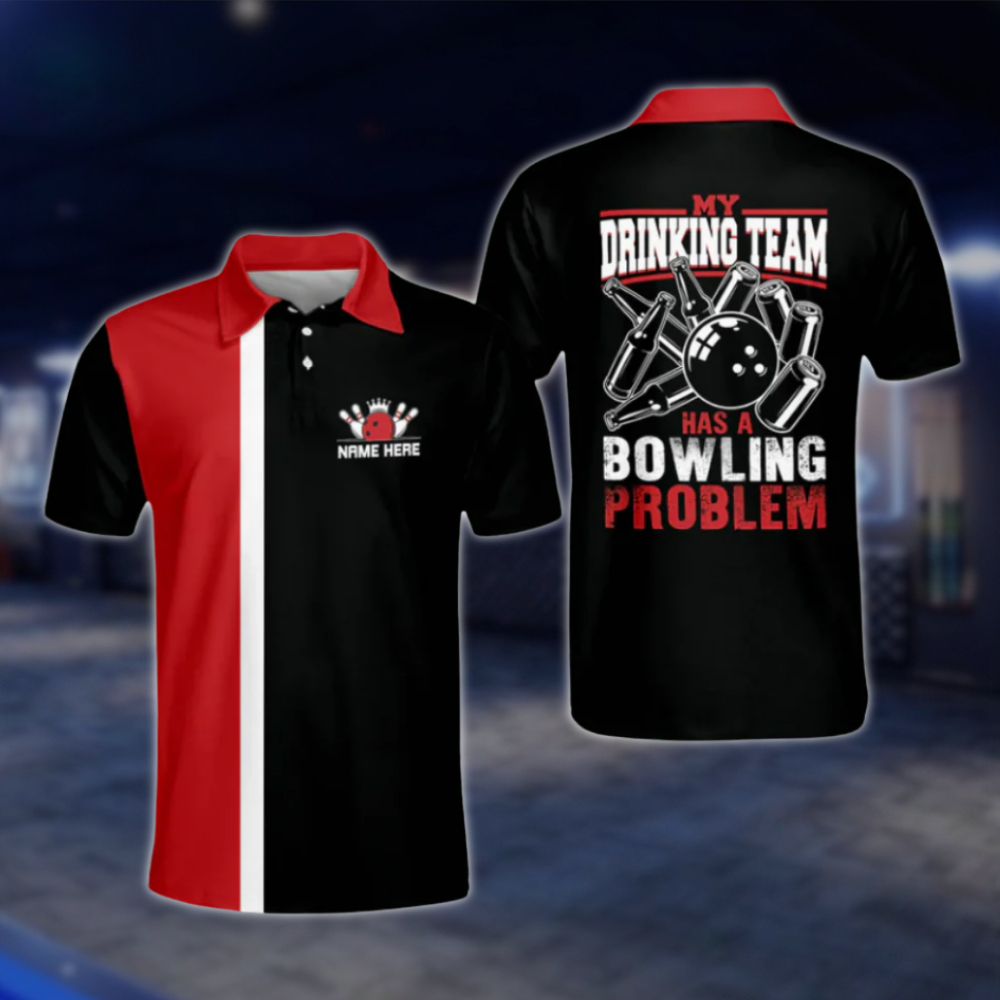 My Drinking Team Has A Bowling Problem Men's Custom Name Bowling Polo Shirt, Black And Red Custom Funny Bowling Shirts BM0111