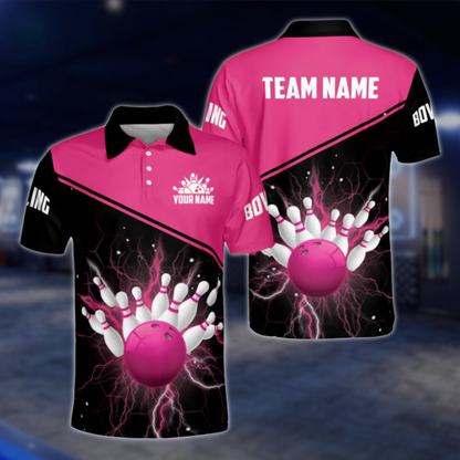 Custom Black Red Thunder Polo Bowling Team Shirts Men, Custom Bowling Shirts Team BM0300