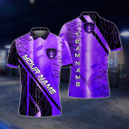 Personalized Cyan Black Electronic Circuit Bowling Polo Shirt For Men, Custom Team Bowling Shirt BZ0780