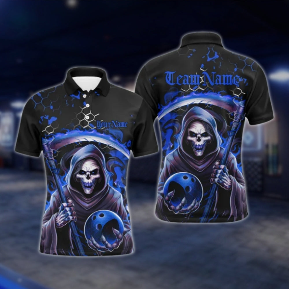 Skeleton Custom Mens Black Red Bowling Polo Shirt, Custom Skull Bowling Team Shirts BO0425