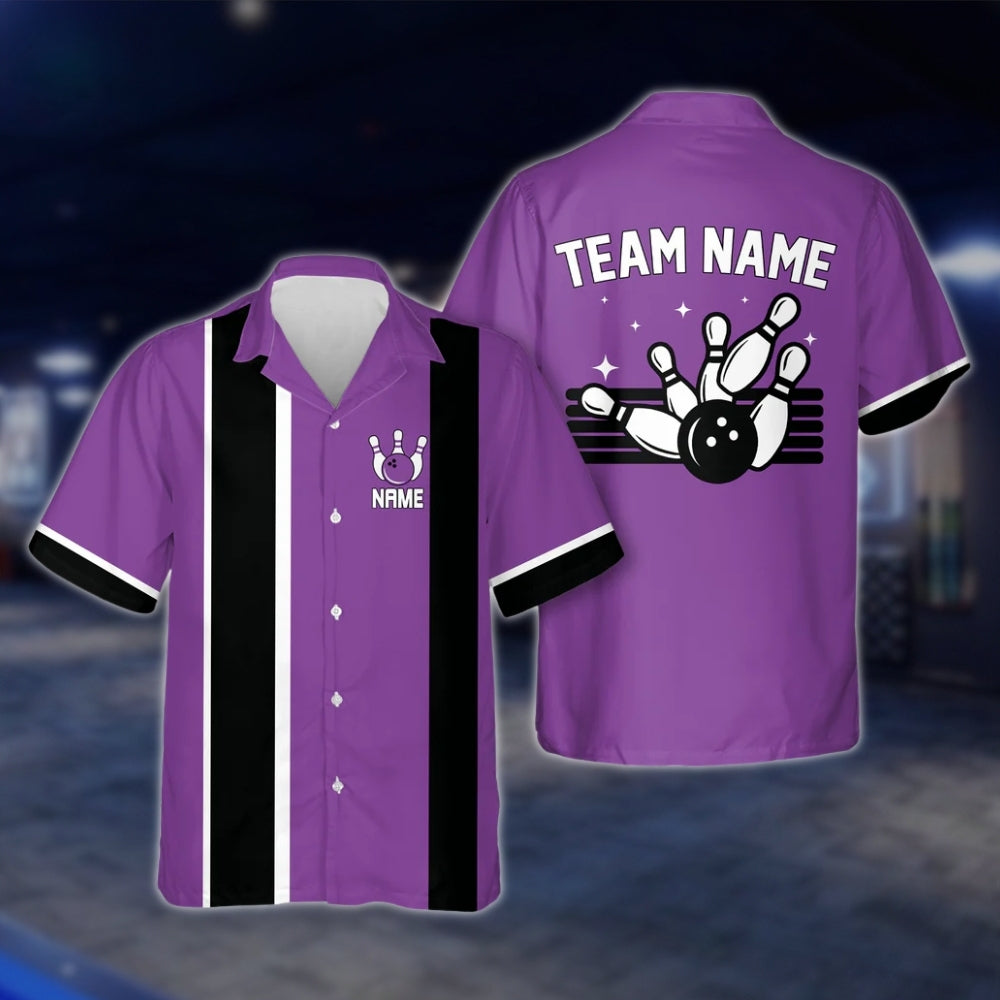 Purple And Black Custom Mens Vintage Bowling Hawaiian Shirt, Custom Vintage Bowling Team Shirts BE0054