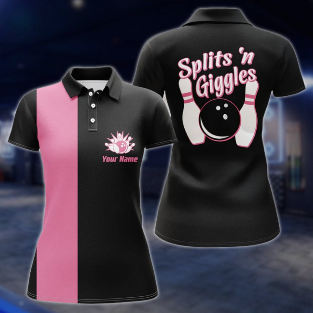 Splits'n Giggles Black Pink Womens Custom Bowling Polo Shirt, Funny Custom Bowling Shirt Women SO0935