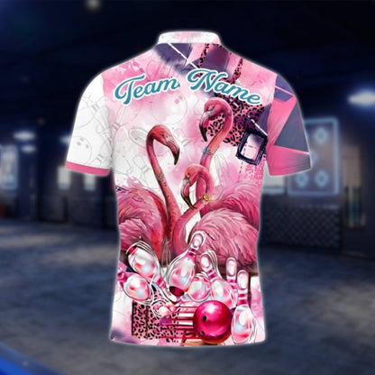 Flamingo Pink Leopard Custom Mens Bowling Polo Shirt, Custom Flamingo Bowling Team Shirts BO0352