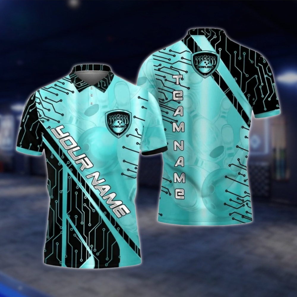 Personalized Cyan Black Electronic Circuit Bowling Polo Shirt For Men, Custom Team Bowling Shirt BZ0780