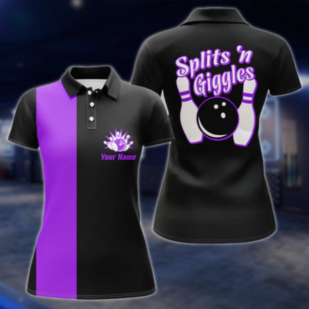 Splits'n Giggles Black Pink Womens Custom Bowling Polo Shirt, Funny Custom Bowling Shirt Women SO0935