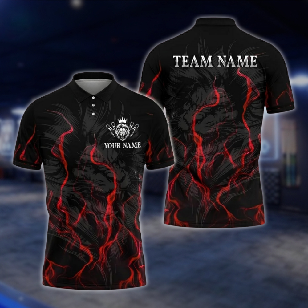Personalized Lion Bowling Polo Shirt For Men Black Blue, Custom Lion Bowling Shirt For Team BZ0747