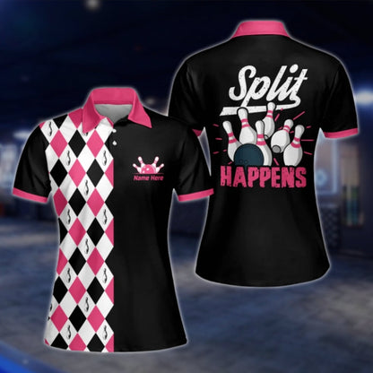 Split Happens Custom Argyle Pink Black Womens Bowling Polo Shirt, Custom Funny Bowling Shirt For Ladies BW0090