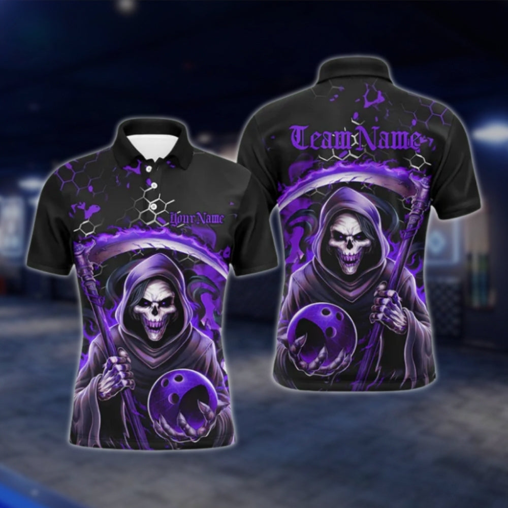 Skeleton Custom Mens Black Red Bowling Polo Shirt, Custom Skull Bowling Team Shirts BO0425