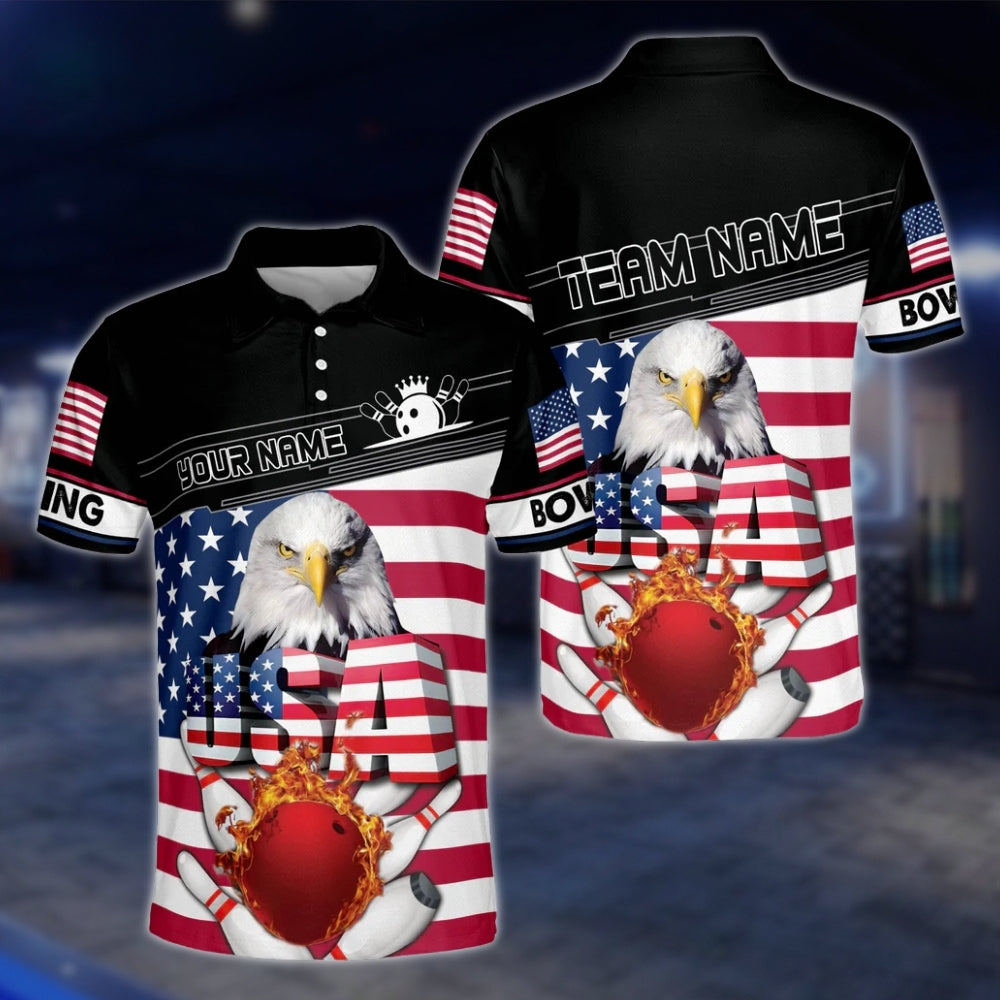 Custom Eagle American Flag Bowling Mens Polo Shirt, Custom Patriotic Eagle Bowling Team Shirts BO0087