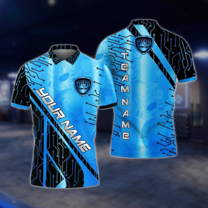 Personalized Cyan Black Electronic Circuit Bowling Polo Shirt For Men, Custom Team Bowling Shirt BZ0780