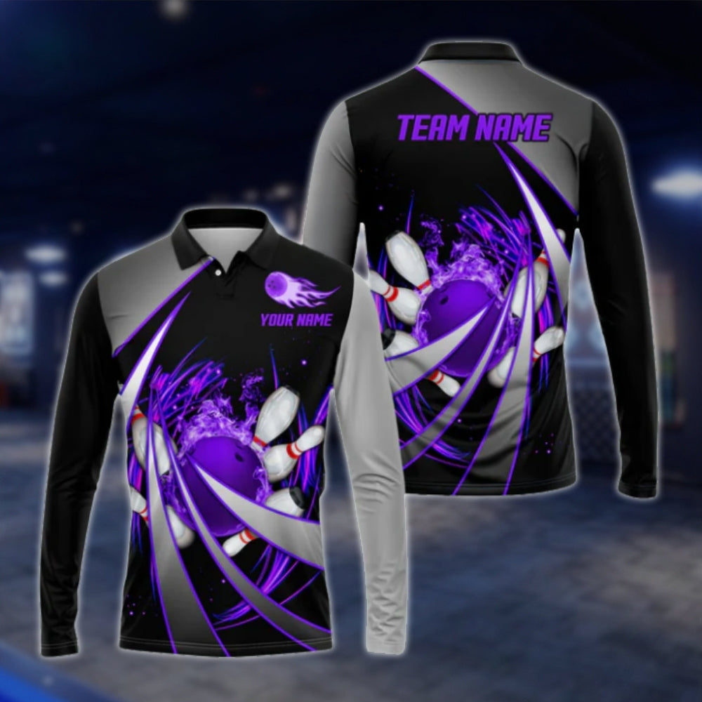 Custom Flame Purple Black Bowling Long Sleeve Polo Shirt For Mens, Custom Flame Bowling Team Shirts BO0258
