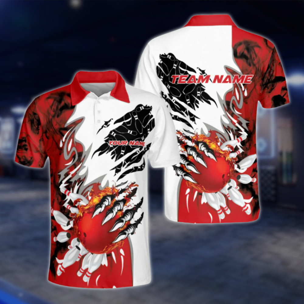 Personalised White Red Flame Ball Bowling Polo Shirts For Men, Custom Flame Bowling Team Shirt BZ0171
