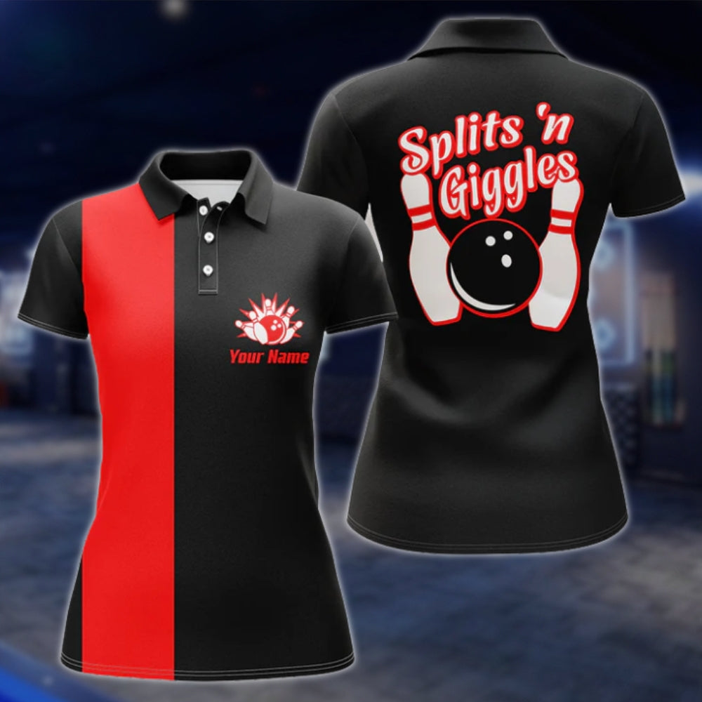 Splits'n Giggles Black Pink Womens Custom Bowling Polo Shirt, Funny Custom Bowling Shirt Women SO0935